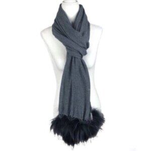 NWT Randi & Will Merino Wool Silk Grey Pom Pom Wrap Shawl Scarf 76 X 27.5